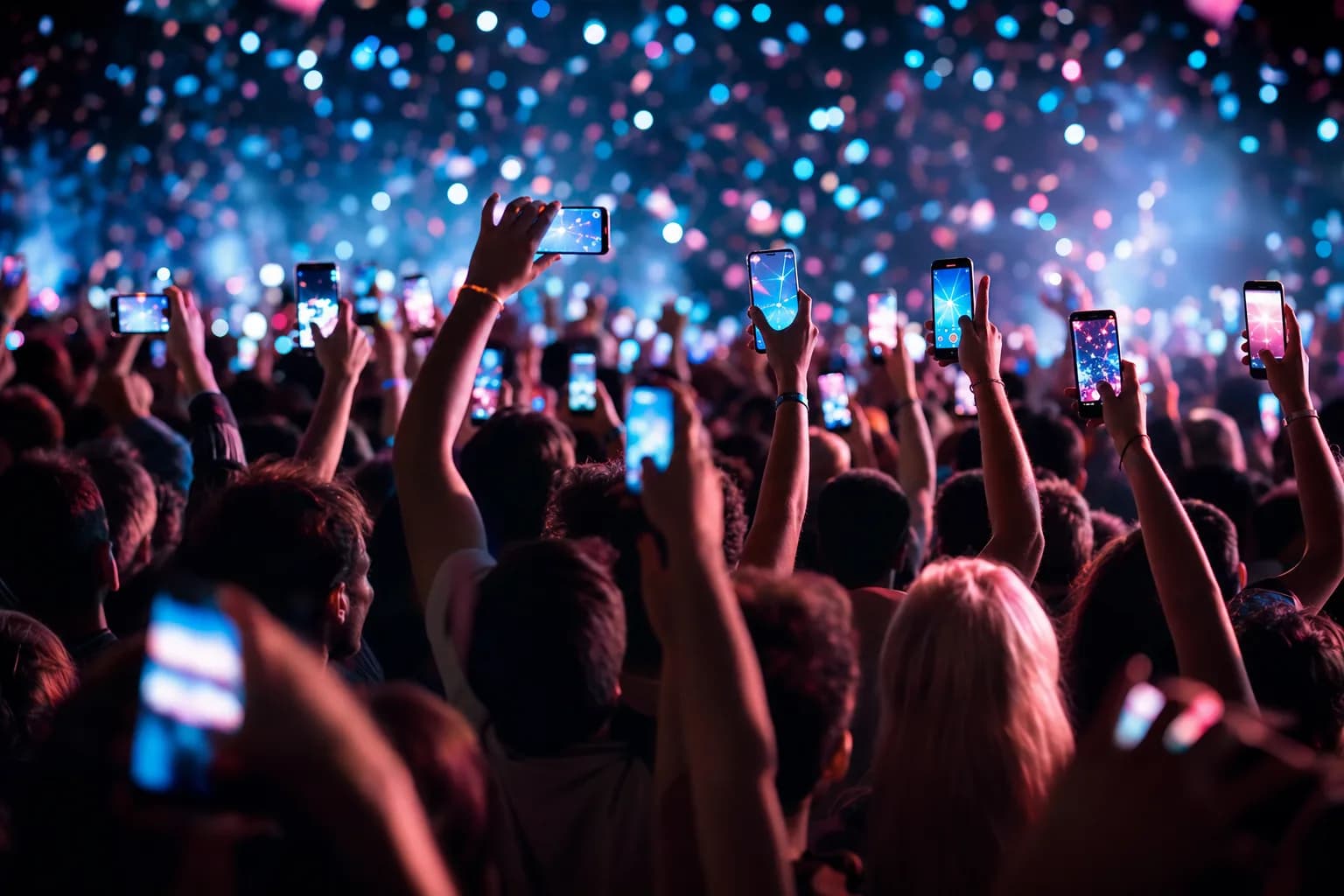 Crowd at night with lots of glowing phones in the air (illustrative image)
