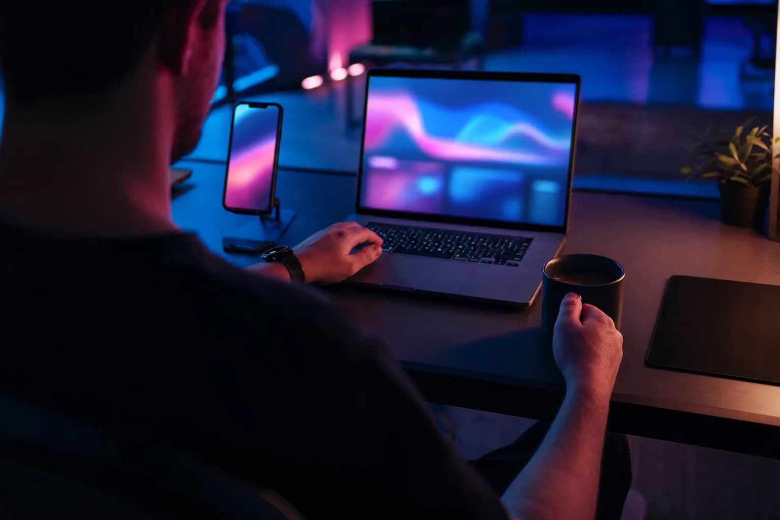 Desk at night: creator running their live setup on screen (illustrative image)