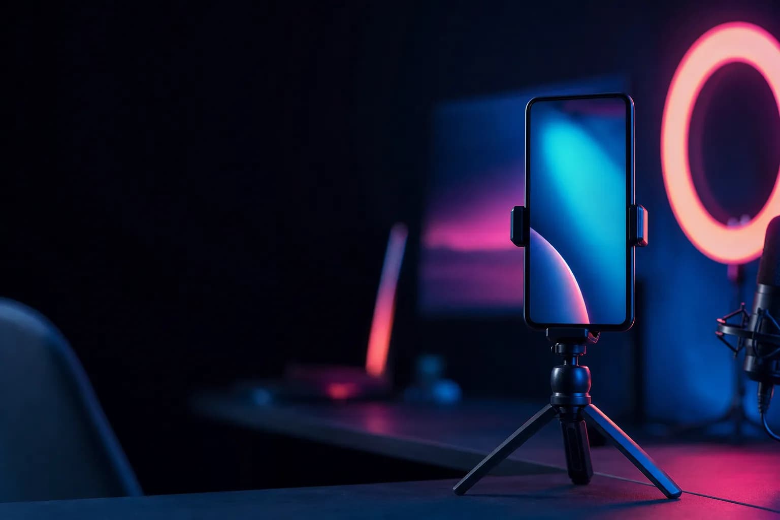 Creator setup at night: smartphone on a tripod, ready to go live (illustrative image)