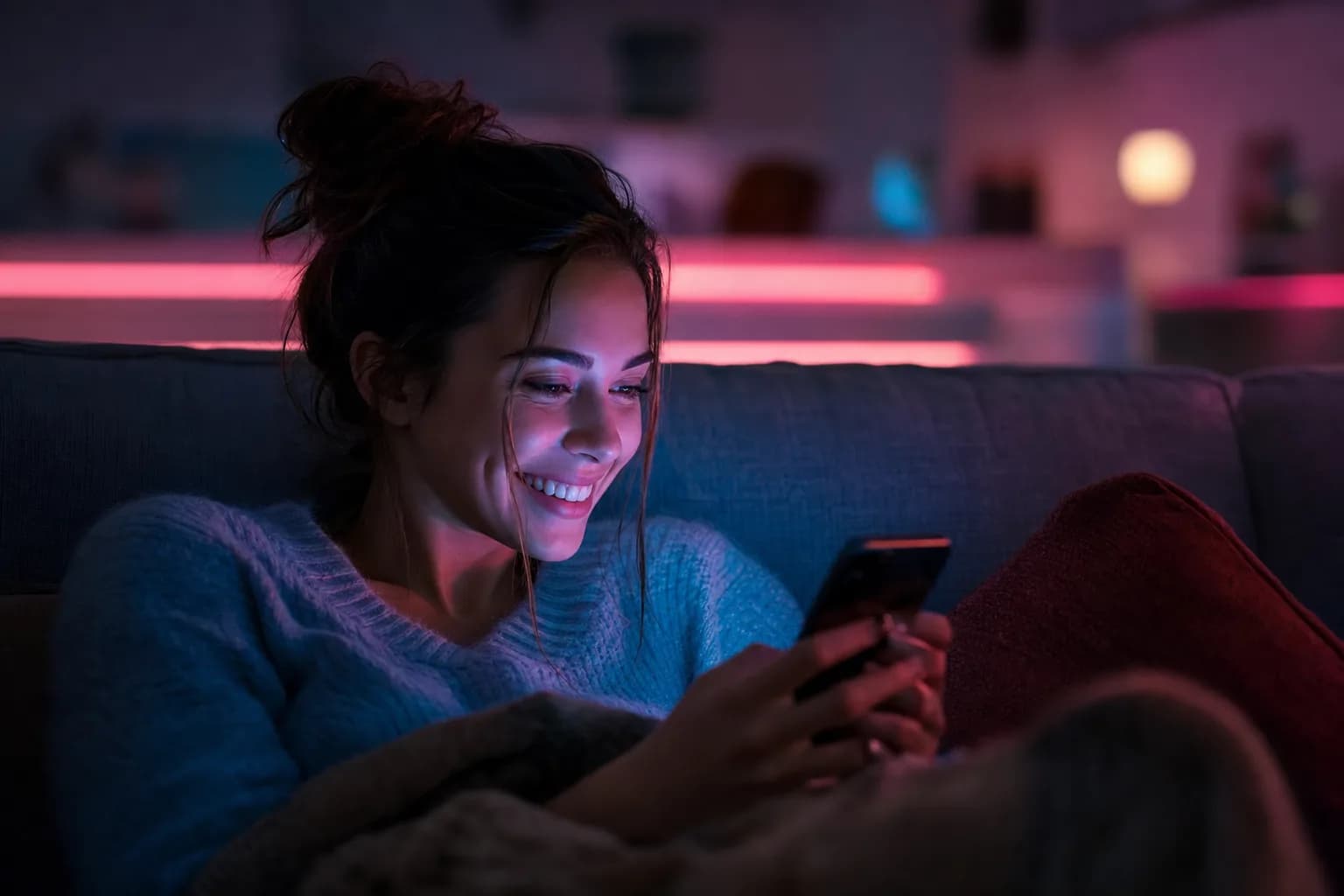 Viewer on a couch, her phone lighting up with a notification (illustrative image)